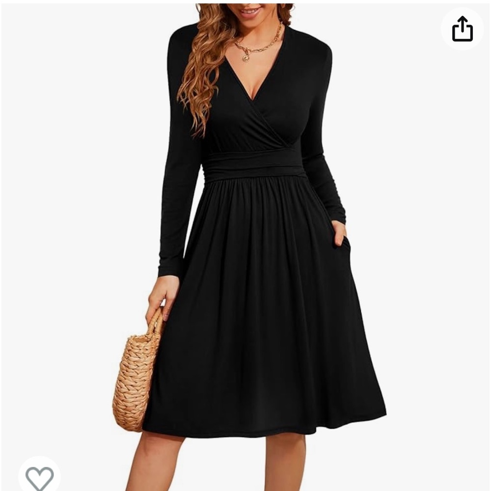 Womens Long Sleeve Deep V-Neck Pleated Waist Knee Length Dress with Pockets